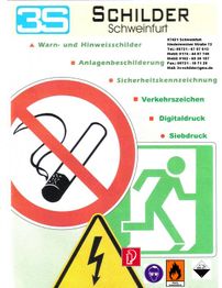 Verbotsschild für Flaschen, verschiedene Sicherheitssymbole und Kontaktdetails für 3S Schilder.