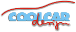 Logo mit Text "COOLCAR design" in blauen Buchstaben und einer roten Linie in Form eines Autos.