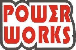 Text "POWER WORKS" in roten Buchstaben auf weißem Hintergrund mit schwarzem Umriss.