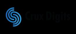 Logo met blauwe lijnen en de tekst "Crux Digits" op een zwarte achtergrond.