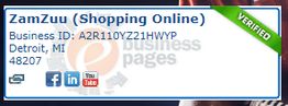 "ZamZuu online shopping info with business ID, location, and social media icons."
