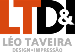Logo com texto: "LT & Léo Taveira, Design & Impressão" em laranja e cinza.