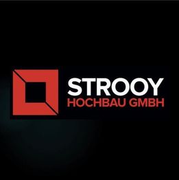 Strooy Hochbau GmbH Logo mit rotem Quadrat und weißem Text vor schwarzem Hintergrund.