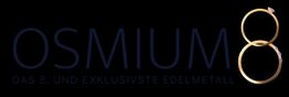 Logo mit "OSMIUM 8", der Slogan: "Das 8. und exklusivste Edelmetall" auf schwarzem Hintergrund.