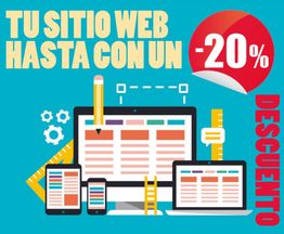Descuento del 20% en diseño web, ilustraciones de dispositivos electrónicos y herramientas.