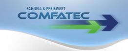 Logo mit Text "Schnell & Preiswert Comfatec" und grün-blauem Pfeil auf blau-weißem Hintergrund.
