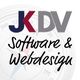 Logo mit Schriftzug "JKDV Software & Webdesign" auf grauem Hintergrund.