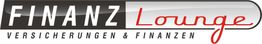 Logo mit Text: "FINANZ Lounge, Versicherungen & Finanzen" in Schwarz und Rot auf grauem Hintergrund.