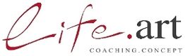 Logo mit der Aufschrift "life.art" in Rot und Schwarz, darunter "COACHING.CONCEPT".