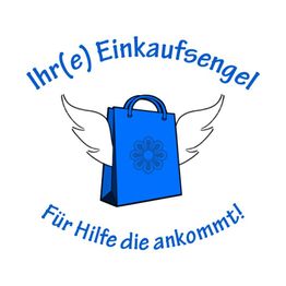 Blaue Einkaufstasche mit Flügeln, umgeben von Text: "Ihr(e) Einkaufsengel" und "Für Hilfe die ankommt!"