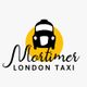 Logo mit schwarzem Taxi, gelbem Kreis und Text: "Mortimer London Taxi".