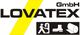 LOVATEX-Logo mit gelbem Streifen, Maschinen- und Material-Symbolen.