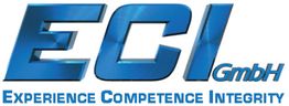 Logo mit blauen, glänzenden Buchstaben: ECI GmbH. Slogan: Experience, Competence, Integrity.