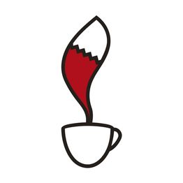 Desenho de uma xícara com uma chama vermelha estilizada saindo de dentro.