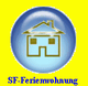 Blaues Symbol mit Hauszeichnung auf gelbem Hintergrund, Text: "SF-Ferienwohnung".