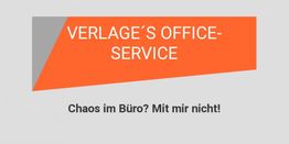 Graues und oranges Banner: "VERLAGE'S OFFICE-SERVICE". Text darunter: "Chaos im Büro? Mit mir nicht!"