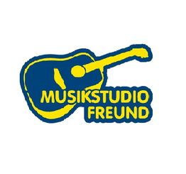 Logo mit gelber Gitarre und Text "MUSIKSTUDIO FREUND" in blauer Schrift.
