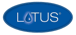 Blaues ovales Logo mit Schriftzug "LOTUS", das "O" ist ein Wassertropfen.