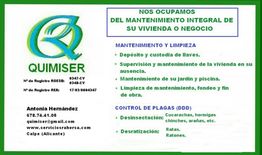 Tarjeta de servicios de mantenimiento y limpieza de Quimiser, incluyendo control de plagas.