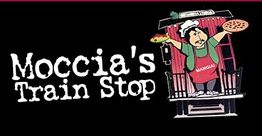 Cartoon chef in train serving food, "Moccia's Train Stop" text on left.