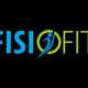 Logo con testo "FISIOFIT" in blu e verde su sfondo nero, con figura stilizzata al centro.