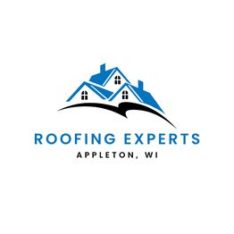 Logo for Roofing Experts in Appleton, WI, featuring blue rooftops on a white background.