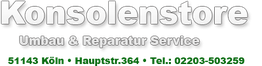 Konsolenstore-Logo mit Text: "Umbau & Reparatur Service" und Webadresse in Grün.