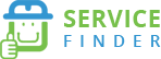 Logo mit blau-grünem Smiley im Helm neben dem Text "Service Finder".