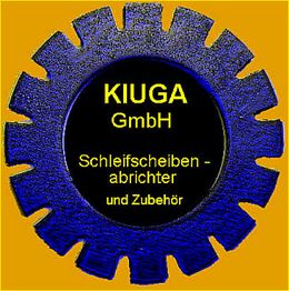 Getriebeform mit Text: "KIUGA GmbH, Schleifscheiben-Abrichter und Zubehör".