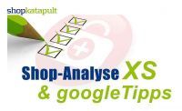 Textgrafik mit "Shop-Analyse XS & googleTipps" und grünen Häkchen auf einer Checkliste.