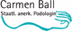 Logo mit Text "Carmen Ball, Staatl. anerk. Podologin" und stilisierter Fußumriss in Blau.