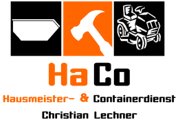 Logos von Hammer und Rasenmäher, Text "Hausmeister- &" in Orange und Schwarz auf weißem Hintergrund.