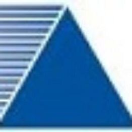 Blue triangle with horizontal stripes on the left side.