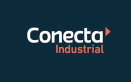Logotipo "Conecta Industrial" em fundo azul-escuro.