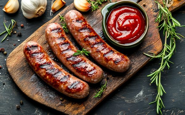 Drei gegrillte Bratwürste lieben nebeneinander auf einem rustikalen Holzbrett. Daneben steht ein kleines Schälchen mit Ketchup. Um das Brett liegen verschiedenen Gewürze verstreut. Knoblauchzehen, Pfefferkörner und Rosmarinzweige.