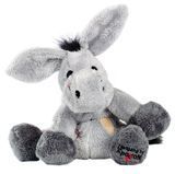 Grauer Esel-Plüschtiere mit großen Ohren und gesticktem Gesicht, sitzt fröhlich.