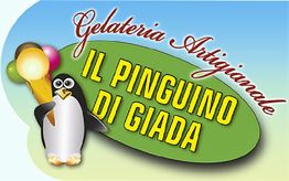 Pinguino con gelato e scritta "Gelateria Artigianale Il Pinguino di Giada" su sfondo colorato.