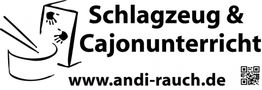 Schwarz-weiße Grafik: "Schlagzeug & Cajonunterricht" mit URL und QR-Code.