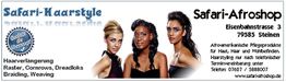 Drei stilvolle Frauen posieren für Safari-Haarstyle; Werbung für Haarverlängerung und Pflegeprodukte.