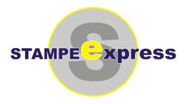 Logo con scritta "STAMPE express" su sfondo grigio con bordo giallo.