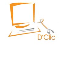 Dibujo de computadora y ratón en naranja y gris con texto "D'Clic" a la derecha.