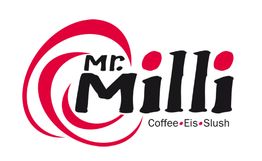 Logo mit rotem Wirbel und Schriftzug "Mr. Milli". Text: "Coffee • Eis • Slush".