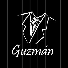 Dibujo blanco de saco y corbata en fondo negro con el texto "Guzmán" debajo.