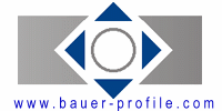 Logo mit grauen Rechtecken, blauen Dreiecken und Kreis, darunter Text: "www.bauer-profile.com".