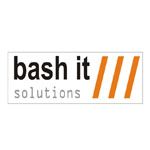 Logo von "bash it solutions" mit drei orangefarbenen Streifen auf weißem Hintergrund.