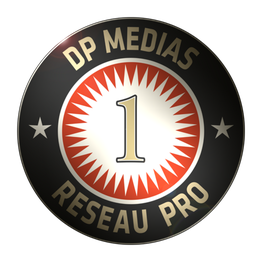Écusson rond noir avec "DP Medias Réseau Pro" et le chiffre 1 au centre.