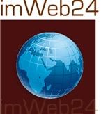 Blauer Globus mit "imWeb24" in braunem Text auf einem dunkelroten Hintergrund.