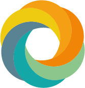 Buntes, verschlungenes Kreis-Design in Gelb, Orange, Grün und Blau.