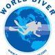 Taucher-Silhouette vor Weltkarten-Hintergrund, Text: "WORLD-DIVER", Website: weltweit-tauchen.com