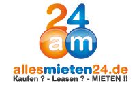 Logo von allesmieten24.de mit Slogan: "Kaufen? Leasen? MIETEN!!" in bunten Farben.